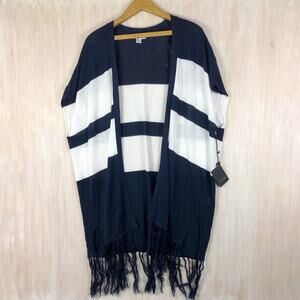 NWT II Two Sisters Striped Fringe Open Front Knit Poncho Cardigan Sweater OS